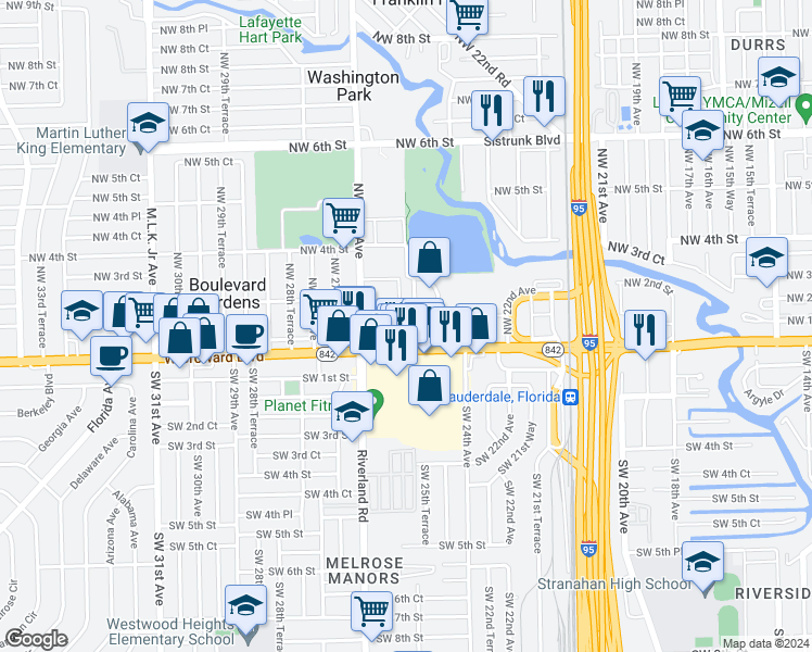 map of restaurants, bars, coffee shops, grocery stores, and more near 109 Northwest 25th Terrace in Fort Lauderdale