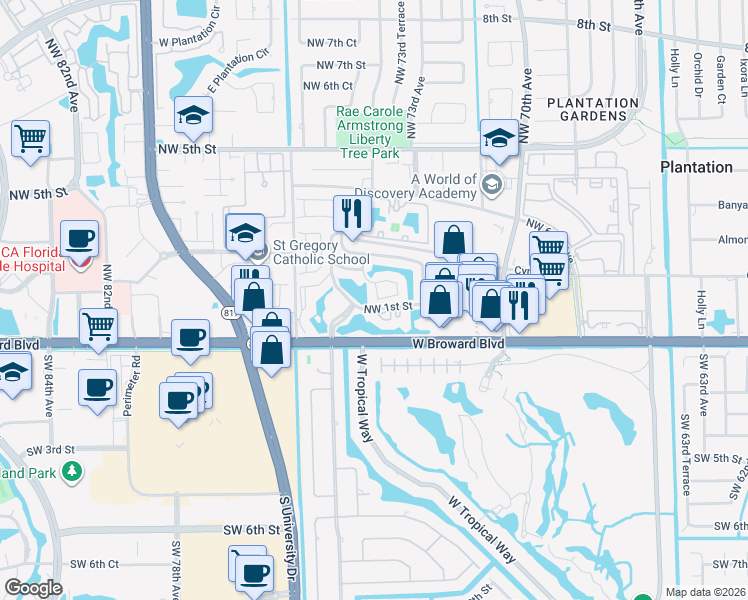 map of restaurants, bars, coffee shops, grocery stores, and more near 113 Northwest 73rd Terrace in Plantation