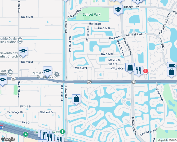 map of restaurants, bars, coffee shops, grocery stores, and more near 148 Northwest 108th Way in Plantation