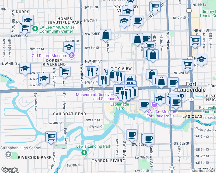 map of restaurants, bars, coffee shops, grocery stores, and more near 601 West Broward Boulevard in Fort Lauderdale