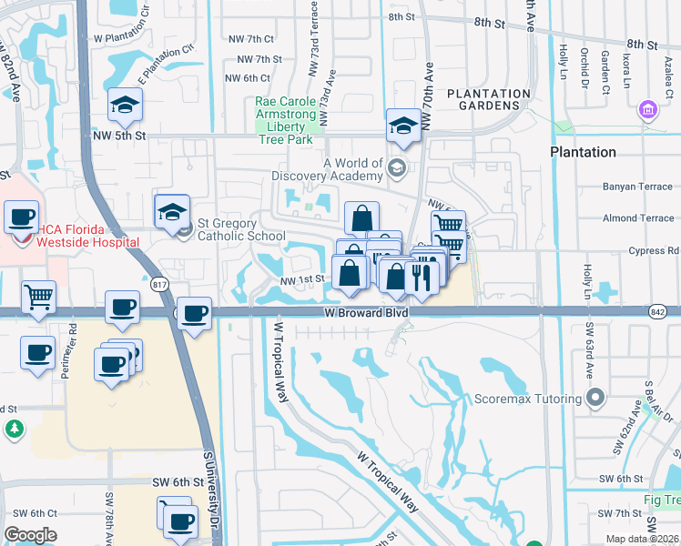 map of restaurants, bars, coffee shops, grocery stores, and more near 106 Northwest 72nd Avenue in Plantation