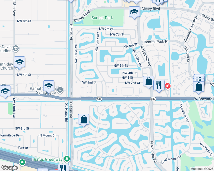 map of restaurants, bars, coffee shops, grocery stores, and more near 1101A Northwest 1st Court in Plantation