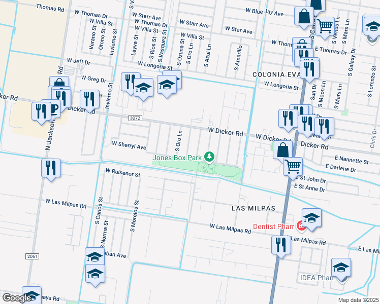 map of restaurants, bars, coffee shops, grocery stores, and more near 7609 South Naranja Lane in Pharr