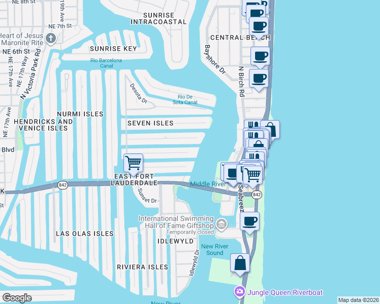 map of restaurants, bars, coffee shops, grocery stores, and more near 2627 Castilla Isle in Fort Lauderdale