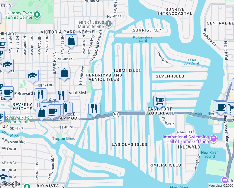 map of restaurants, bars, coffee shops, grocery stores, and more near 57 Isle of Venice Drive in Fort Lauderdale