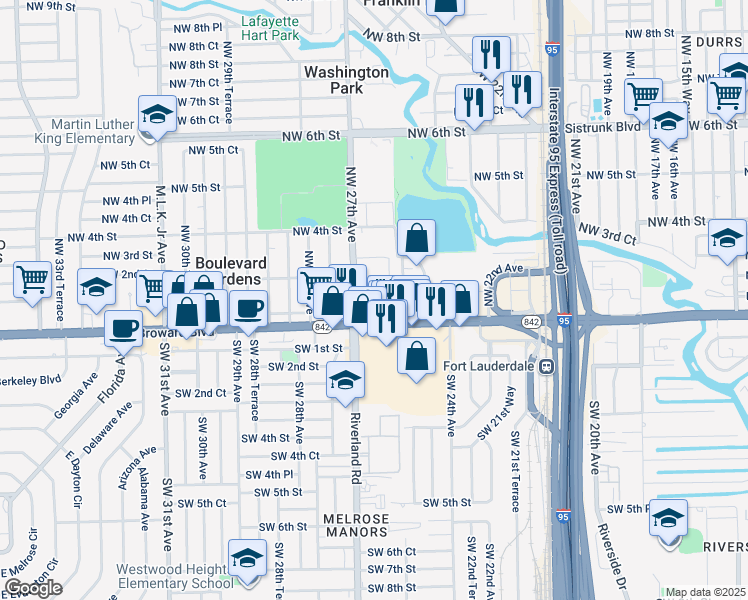map of restaurants, bars, coffee shops, grocery stores, and more near 109 Northwest 25th Terrace in Fort Lauderdale