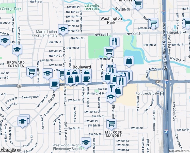 map of restaurants, bars, coffee shops, grocery stores, and more near 147 Northwest 28th Terrace in Fort Lauderdale