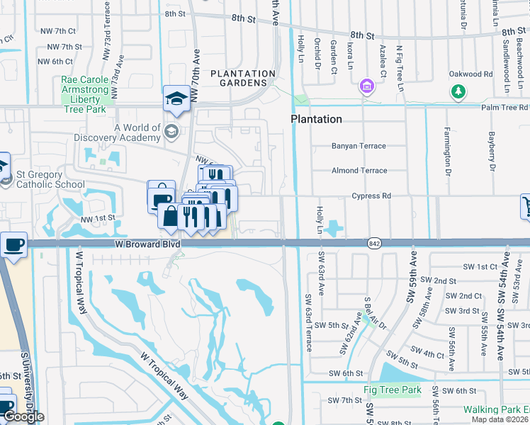 map of restaurants, bars, coffee shops, grocery stores, and more near 6600 Cypress Road in Plantation