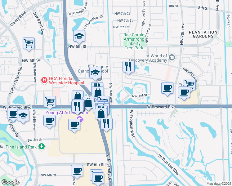 map of restaurants, bars, coffee shops, grocery stores, and more near 40 Northwest 75th Avenue in Plantation