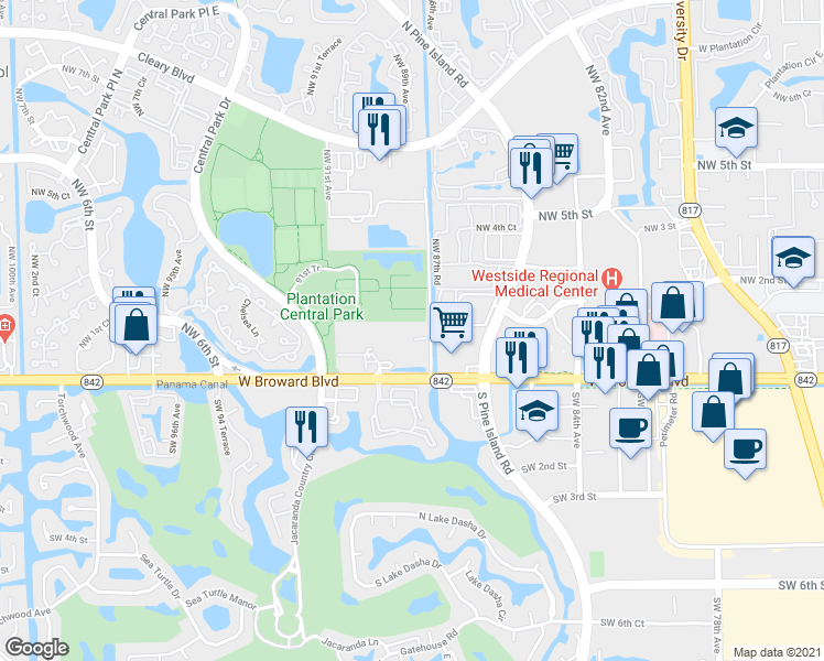 map of restaurants, bars, coffee shops, grocery stores, and more near 9211 West Broward Boulevard in Plantation