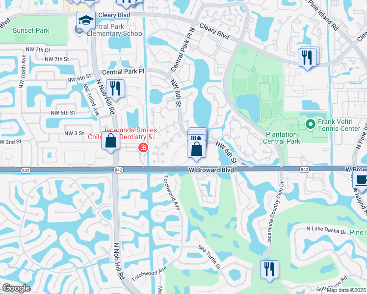 map of restaurants, bars, coffee shops, grocery stores, and more near 9829 Northwest 1st Court in Plantation