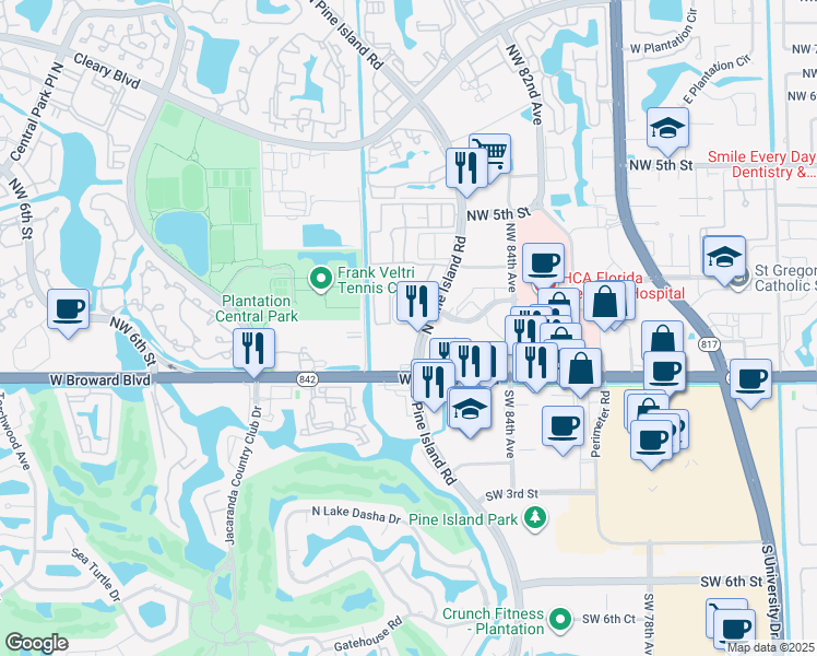 map of restaurants, bars, coffee shops, grocery stores, and more near 12 Northwest 3 Street in Plantation