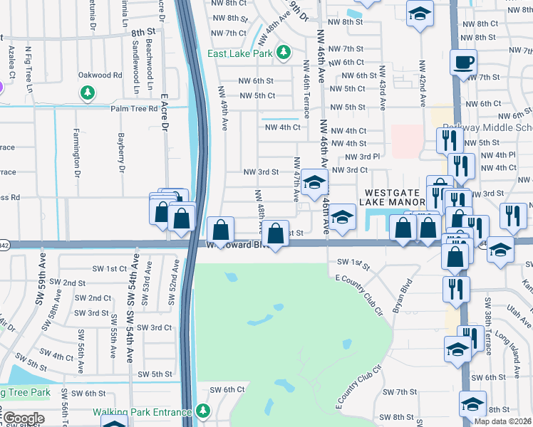 map of restaurants, bars, coffee shops, grocery stores, and more near 4789 Northwest 1st Court in Plantation
