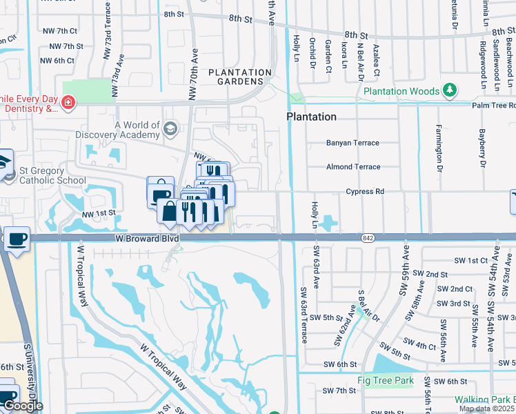 map of restaurants, bars, coffee shops, grocery stores, and more near 6600 Cypress Road in Plantation