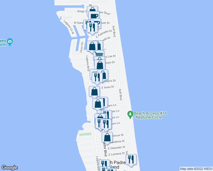map of restaurants, bars, coffee shops, grocery stores, and more near 108 East Aries Drive in South Padre Island