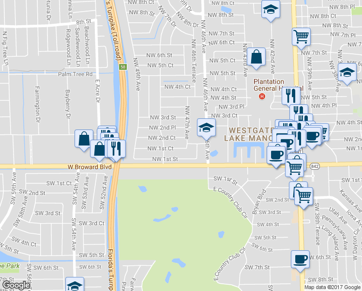 map of restaurants, bars, coffee shops, grocery stores, and more near 4725 Northwest 1st Court in Plantation