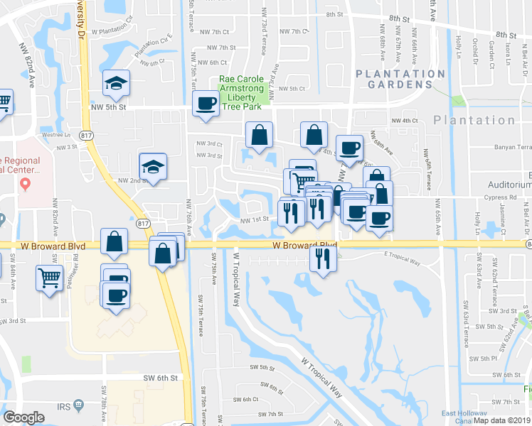 map of restaurants, bars, coffee shops, grocery stores, and more near 114 Northwest 73rd Avenue in Plantation