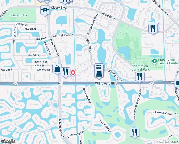map of restaurants, bars, coffee shops, grocery stores, and more near 9829 Northwest 1st Court in Plantation