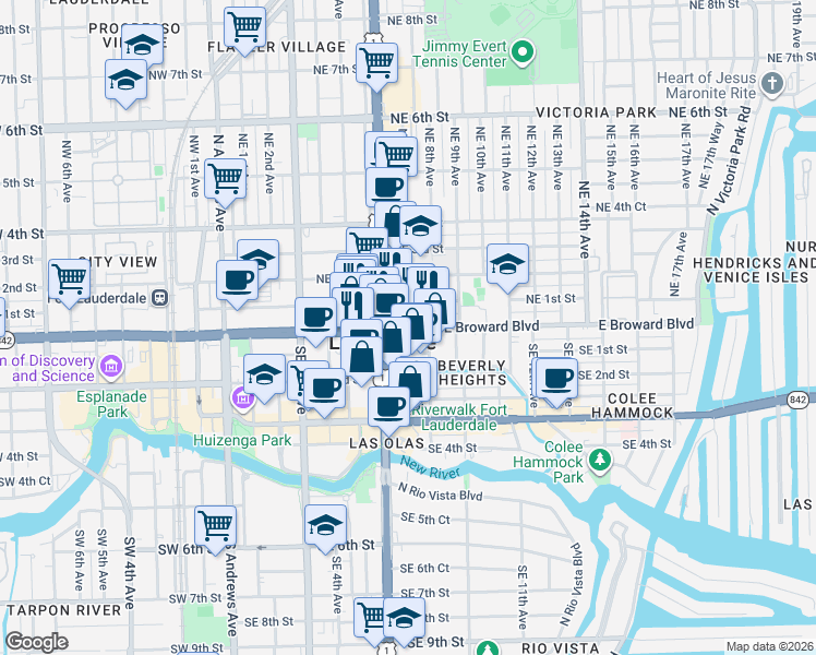 map of restaurants, bars, coffee shops, grocery stores, and more near 1 Northeast 7th Avenue in Fort Lauderdale