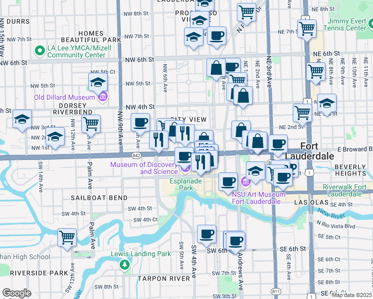 map of restaurants, bars, coffee shops, grocery stores, and more near 401 W Broward Blvd in Fort Lauderdale