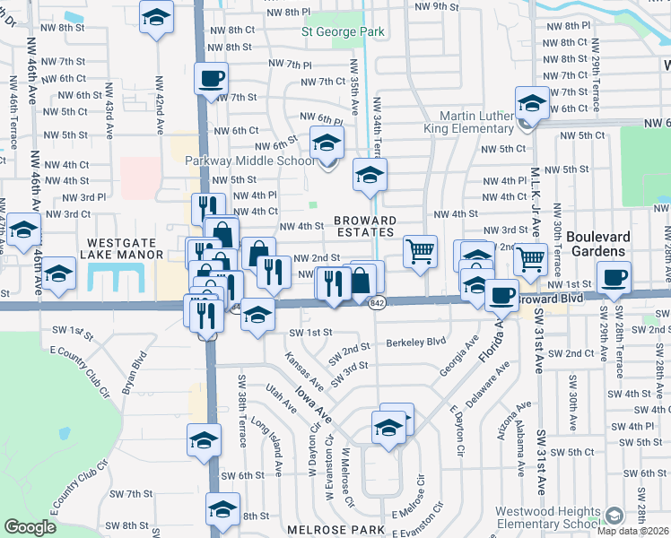 map of restaurants, bars, coffee shops, grocery stores, and more near 3571 Northwest 1st Court in Fort Lauderdale