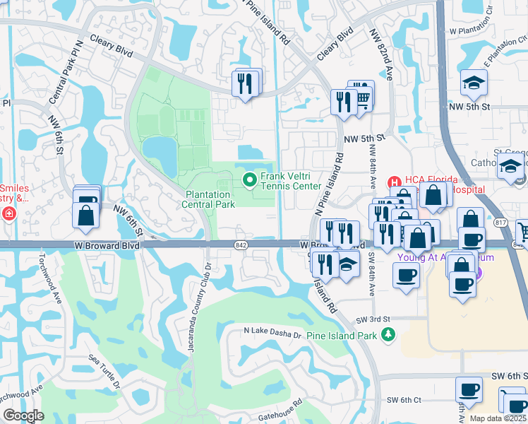 map of restaurants, bars, coffee shops, grocery stores, and more near 9211 West Broward Boulevard in Plantation