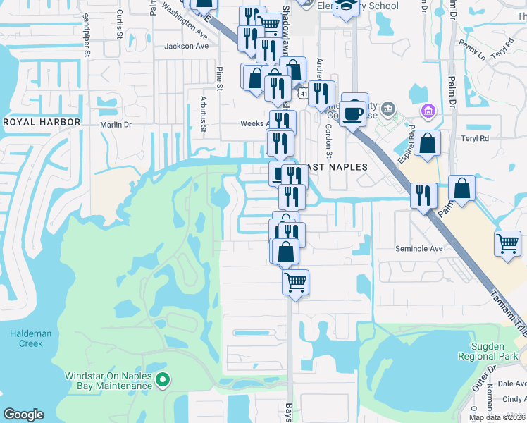 map of restaurants, bars, coffee shops, grocery stores, and more near 2718 Gulfview Drive in Naples