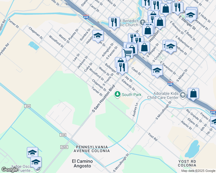 map of restaurants, bars, coffee shops, grocery stores, and more near 123 Woodford Street in San Benito