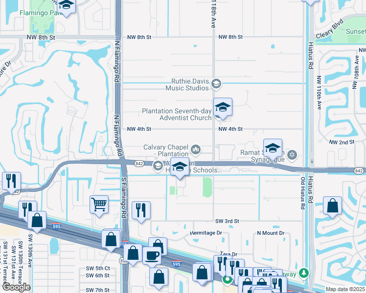 map of restaurants, bars, coffee shops, grocery stores, and more near 11901 Northwest 2nd Street in Plantation