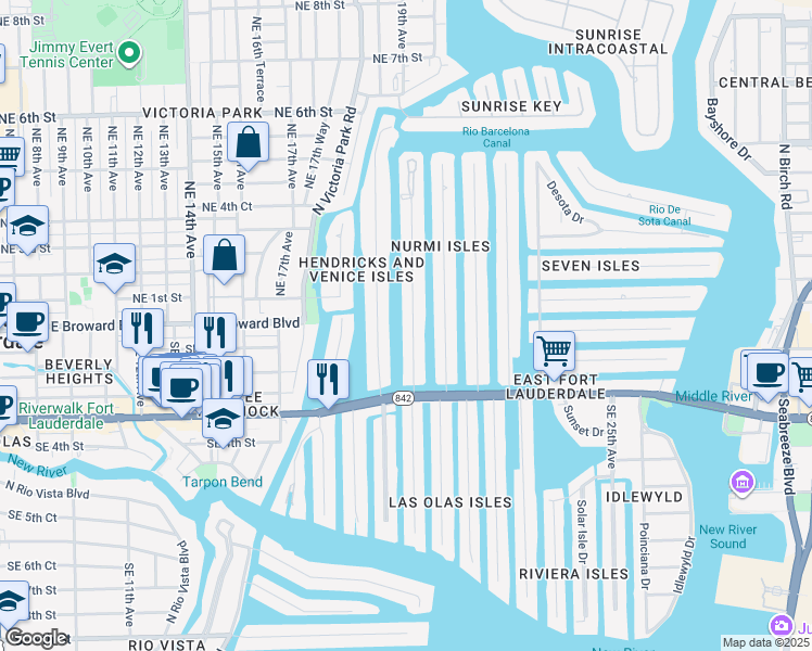 map of restaurants, bars, coffee shops, grocery stores, and more near 57 Isle of Venice Drive in Fort Lauderdale