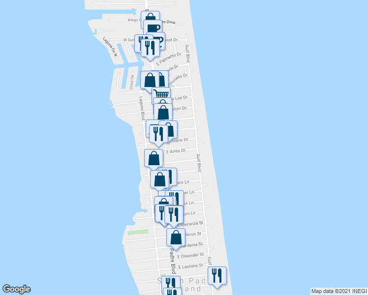 map of restaurants, bars, coffee shops, grocery stores, and more near 120 East Aries Drive in South Padre Island