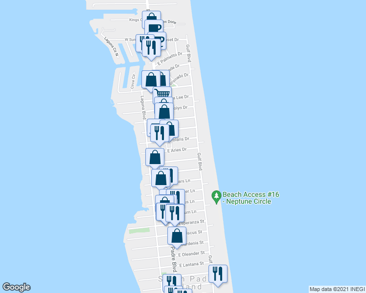 map of restaurants, bars, coffee shops, grocery stores, and more near 116 E Aries Dr in South Padre Island