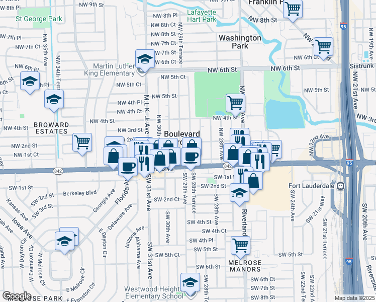 map of restaurants, bars, coffee shops, grocery stores, and more near 136 Northwest 29th Avenue in Fort Lauderdale