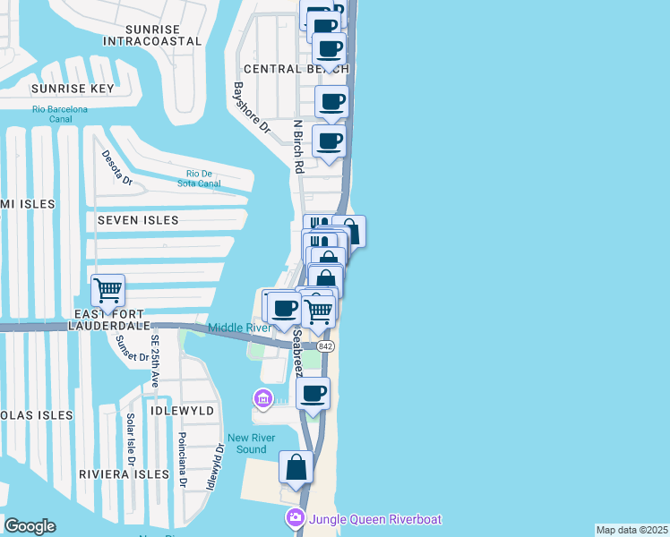 map of restaurants, bars, coffee shops, grocery stores, and more near 17 South Fort Lauderdale Beach Boulevard in Fort Lauderdale
