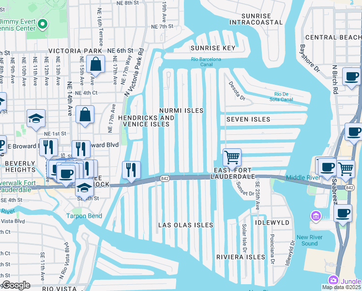 map of restaurants, bars, coffee shops, grocery stores, and more near 49 Fiesta Way in Fort Lauderdale