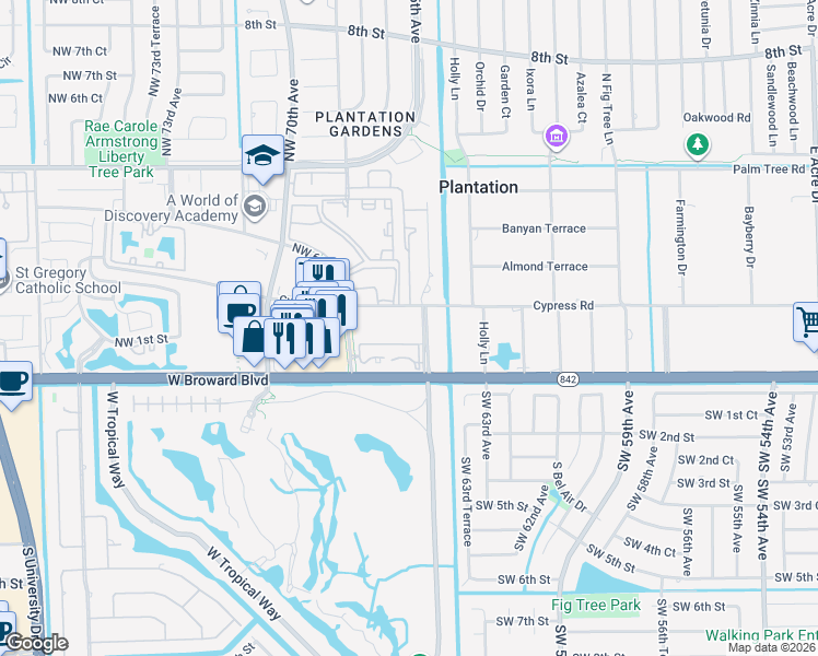 map of restaurants, bars, coffee shops, grocery stores, and more near 6600 Cypress Road in Plantation