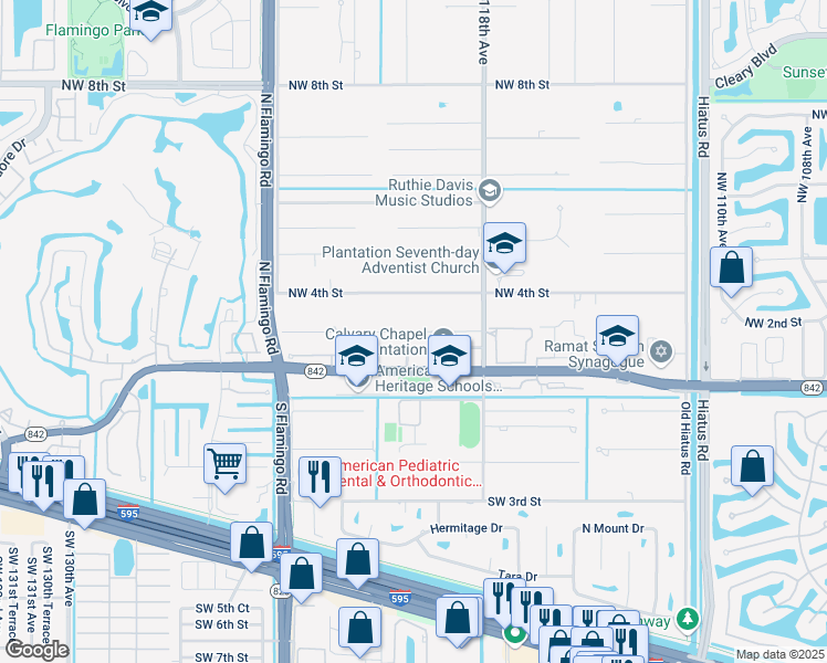 map of restaurants, bars, coffee shops, grocery stores, and more near 11901 Northwest 2nd Street in Plantation