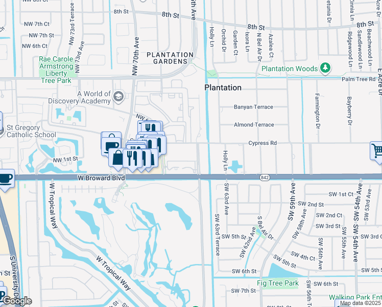 map of restaurants, bars, coffee shops, grocery stores, and more near 6600 Cypress Road in Plantation