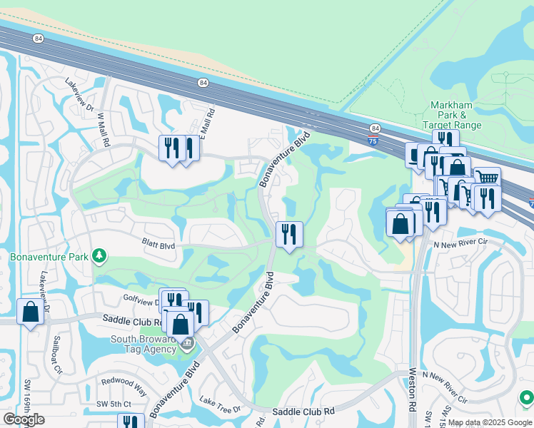 map of restaurants, bars, coffee shops, grocery stores, and more near 140 Bonaventure Boulevard in Weston