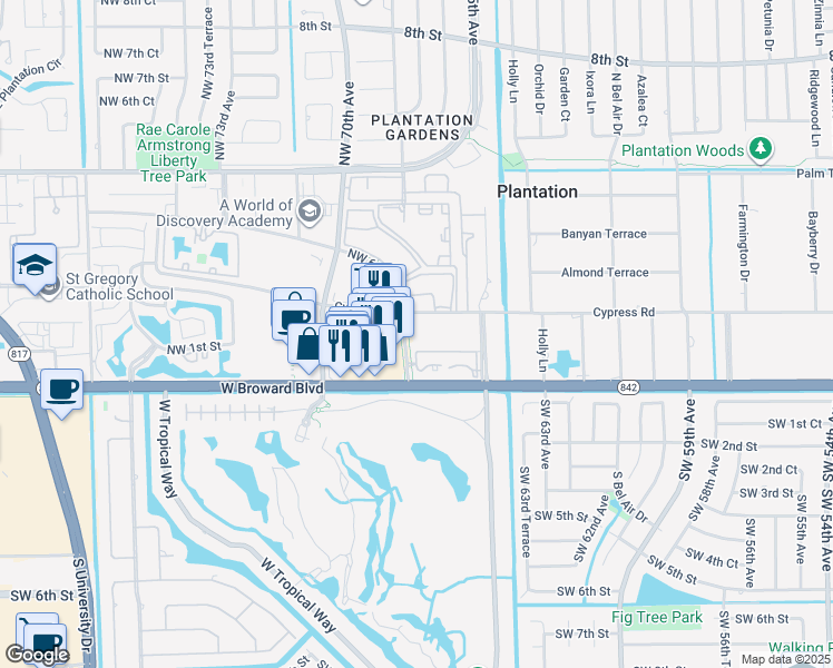 map of restaurants, bars, coffee shops, grocery stores, and more near 6800 Cypress Road in Plantation