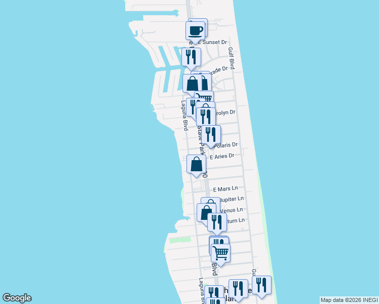 map of restaurants, bars, coffee shops, grocery stores, and more near 3 East Polaris Drive in South Padre Island