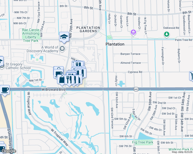 map of restaurants, bars, coffee shops, grocery stores, and more near 6500 Cypress Road in Plantation