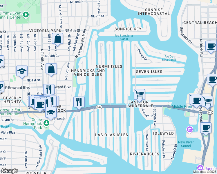 map of restaurants, bars, coffee shops, grocery stores, and more near 49 Fiesta Way in Fort Lauderdale