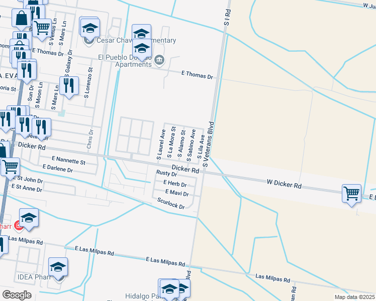 map of restaurants, bars, coffee shops, grocery stores, and more near 7110 South Sabino Avenue in Pharr