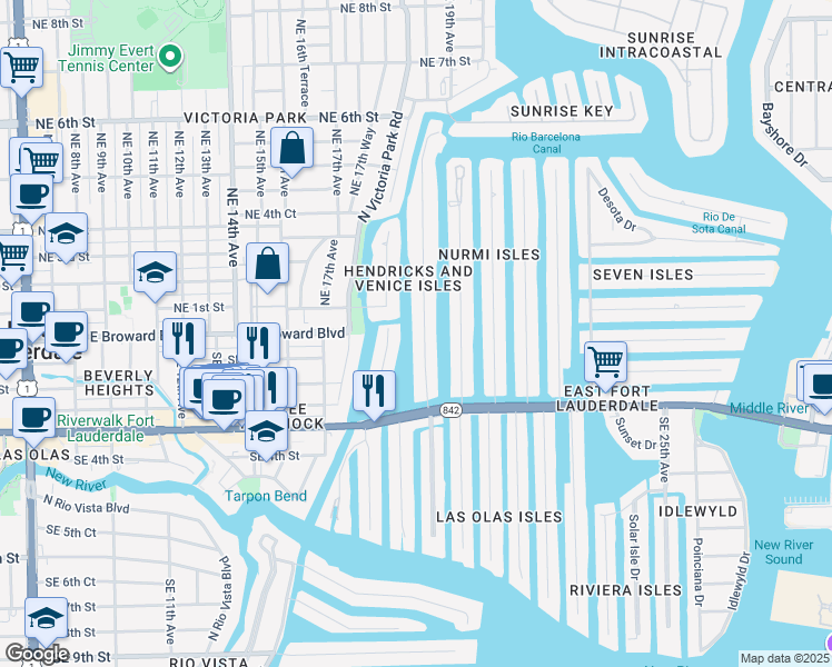 map of restaurants, bars, coffee shops, grocery stores, and more near 65 Hendricks Isle in Fort Lauderdale