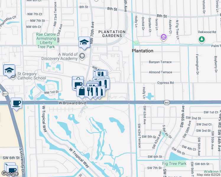 map of restaurants, bars, coffee shops, grocery stores, and more near 6800 Cypress Road in Plantation