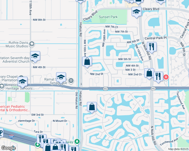 map of restaurants, bars, coffee shops, grocery stores, and more near 10924 Northwest 2nd Place in Plantation