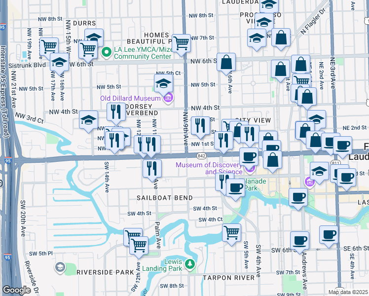 map of restaurants, bars, coffee shops, grocery stores, and more near 924 Northwest 1st Street in Fort Lauderdale