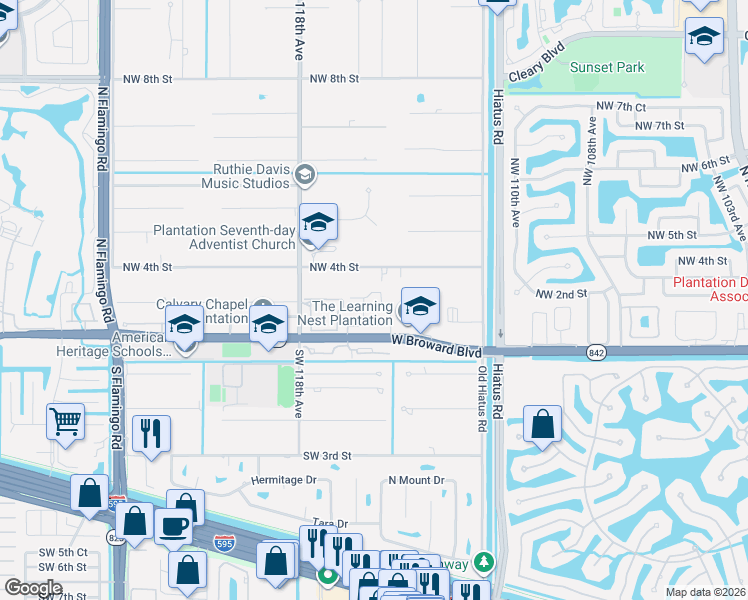 map of restaurants, bars, coffee shops, grocery stores, and more near 401 Northwest 2nd Place in Plantation