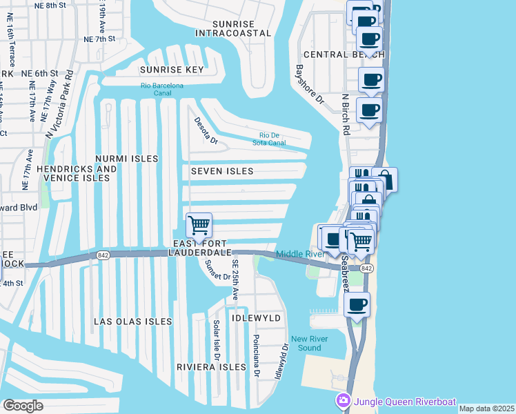 map of restaurants, bars, coffee shops, grocery stores, and more near 2515 Castilla Isle in Fort Lauderdale